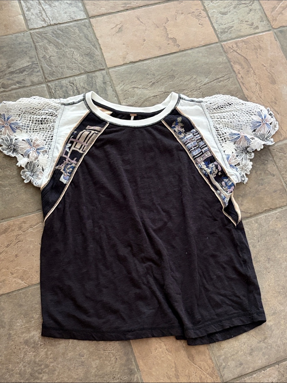 Anthropologie Black Tee with White Crochet Floral Sleeves